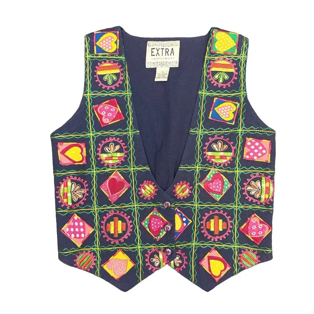 Vintage Patchwork Vest Embroidered Hearts Folk Art Artsy Teacher Grandmacore XS